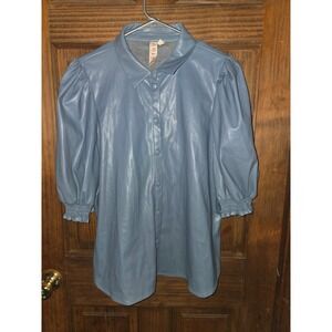 Dolan Left Coast Collection Blue Vegan Leather Puff Sleeve Button Down Top XL
